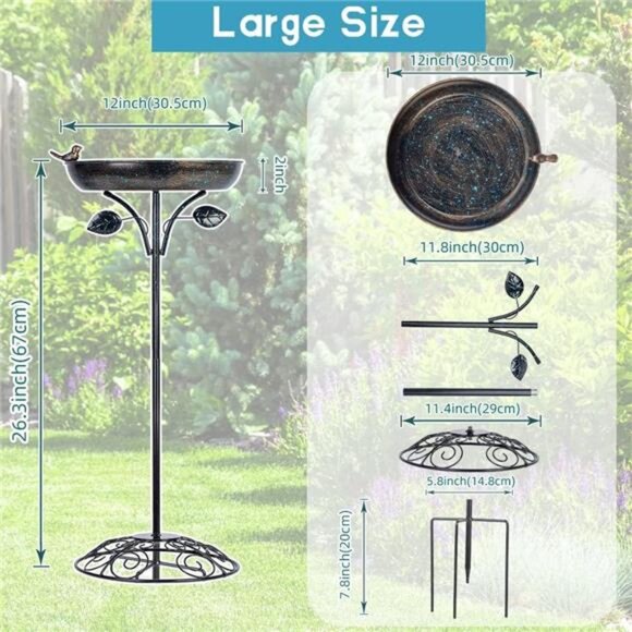 26 Inch Pedestal Bird Bath with 4 Prongs Stake, Metal Bird Baths - Picture 3 of 7
